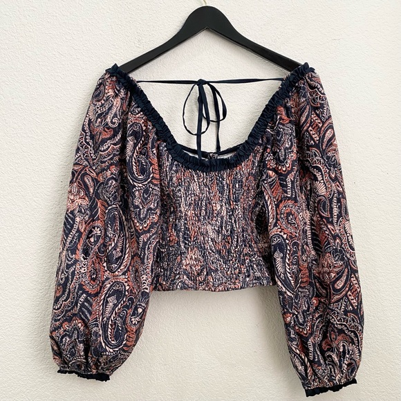 FREE PEOPLE Dare Me Tie Back Velvet Blouse Long Sleeve in Black Combo Size M - Picture 7 of 16
